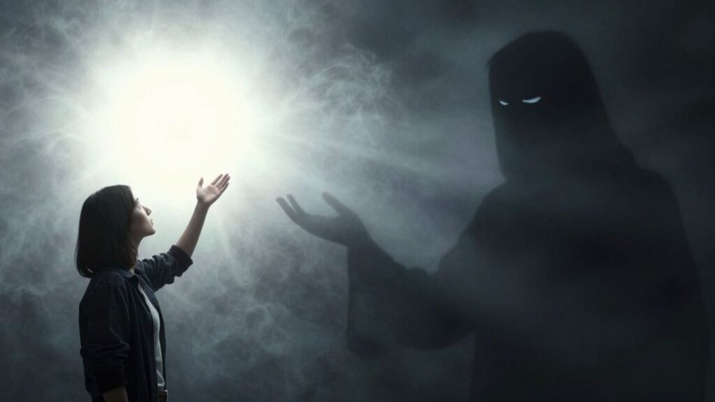 Persona esperanzada y figura sombría, contraste de luz y oscuridad.
