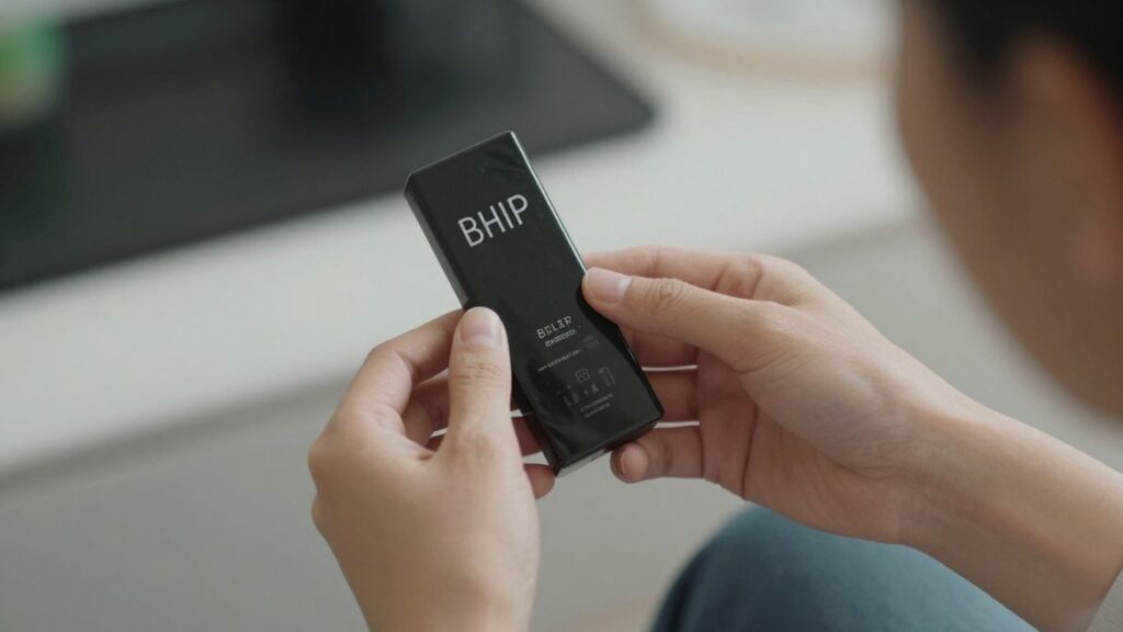 Persona sonriente con producto bHIP en mano.