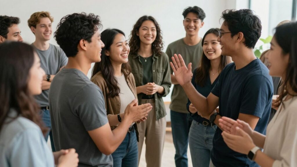 Personas sonriendo y saludando en un espacio abierto.